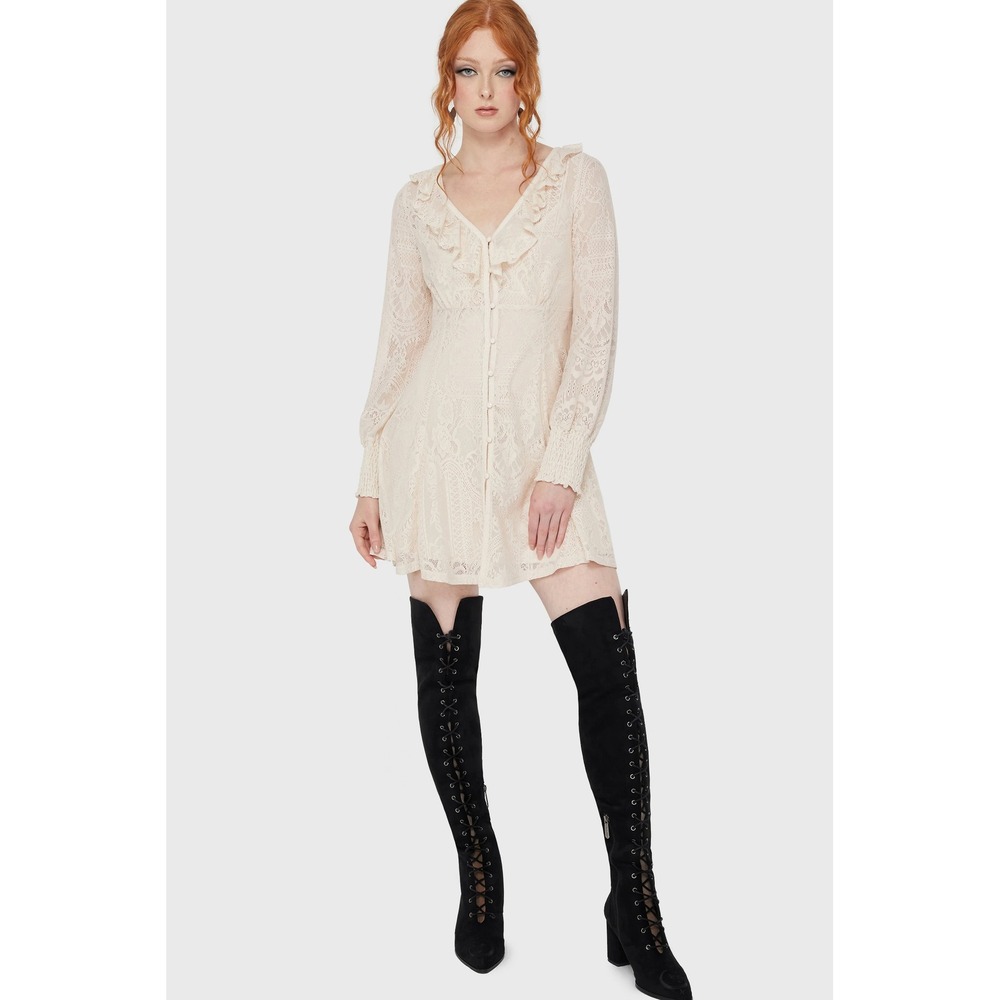 Killstar Cybele Cream Lace Ruffle V-Neck Button Front Long Sleeve Mini Dress - Picture 3 of 5